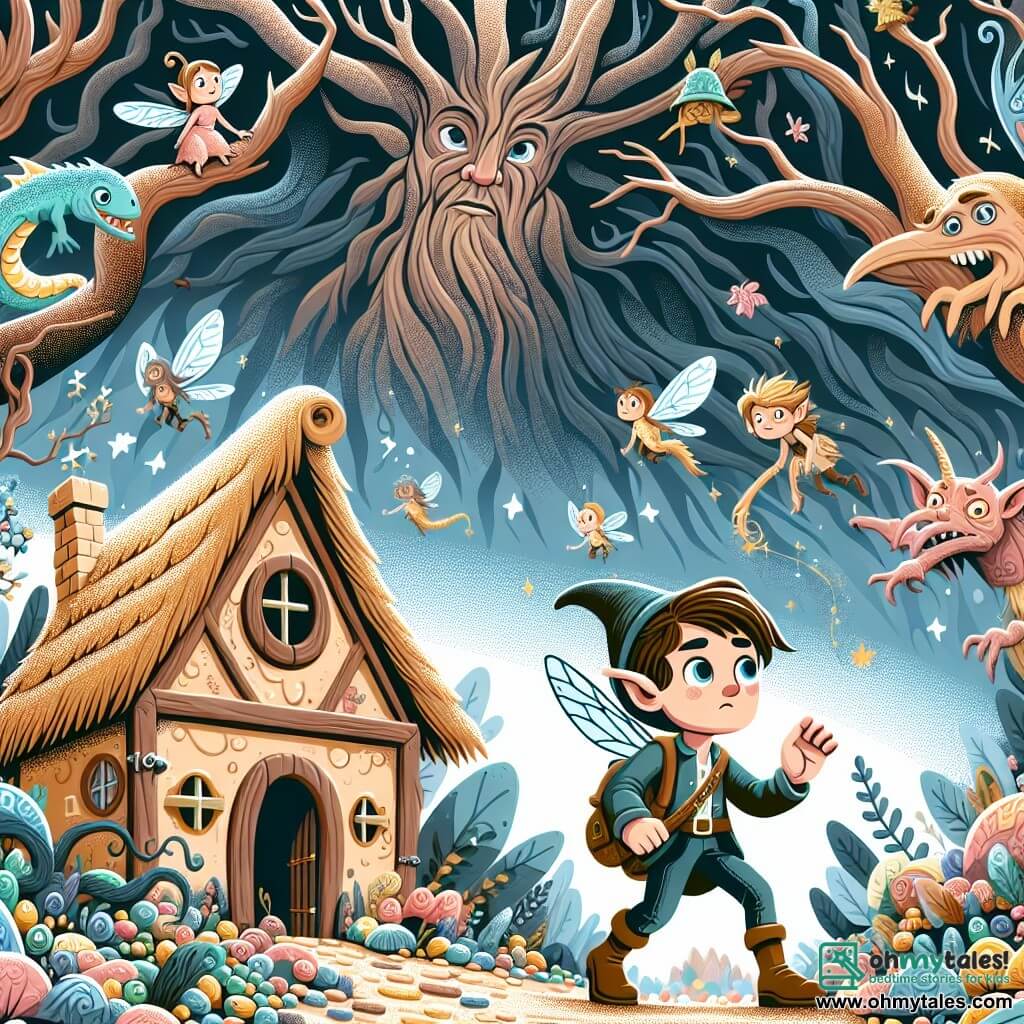 Une illustration destinée aux enfants représentant un courageux petit être, pas plus grand qu'un pouce, qui se retrouve perdu dans une forêt enchantée remplie d'arbres majestueux aux branches tordues et de créatures mystérieuses, tandis qu'il tente de trouver un moyen de nourrir sa famille affamée, avec l'aide d'une fée espiègle, dans un chalet fait de bonbons et de sucreries étincelantes.