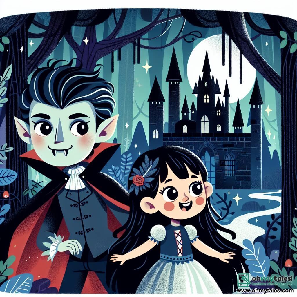 Une illustration destinée aux enfants représentant un vampire au teint pâle et aux cheveux noirs comme la nuit, accompagné d'une jeune fille courageuse, dans un château délabré aux murs fissurés et aux ombres dansantes, situé au cœur d'une forêt enchantée, où se mêlent des arbres majestueux et des ruisseaux scintillants.