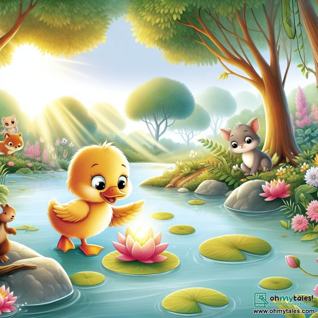 Une illustration destinée aux enfants représentant un canard au plumage doré, curieux et courageux, qui se retrouve embarqué dans une incroyable aventure avec l'aide de ses amis animaux, dans un paisible petit étang entouré d'une forêt enchantée, où les nénuphars flottent sur l'eau cristalline et les rayons du soleil filtrent à travers les arbres majestueux.