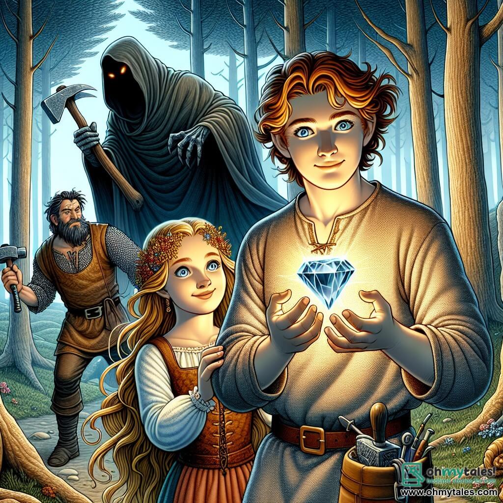 Une illustration sous forme de dessin destinée aux enfants représentant une clairière enchantée au cœur de la forêt des Murmures, où un jeune homme aux cheveux couleur d'automne et aux yeux brillants, vêtu d'une tunique en lin, se tient avec détermination, tenant une précieuse gemme lumineuse dans ses mains, tandis qu'à ses côtés, une jeune fille aux longs cheveux dorés et une expression sage, vêtue d'une robe de fleurs, l'encourage avec un sourire, et un jeune garçon musclé, portant un tablier de forgeron, brandit un marteau, prêt à défendre leur trésor contre l'ombre menaçante d'une sorcière maléfique qui se profile à l'arrière-plan, enveloppée de ténèbres, créant une atmosphère de magie et de bravoure.