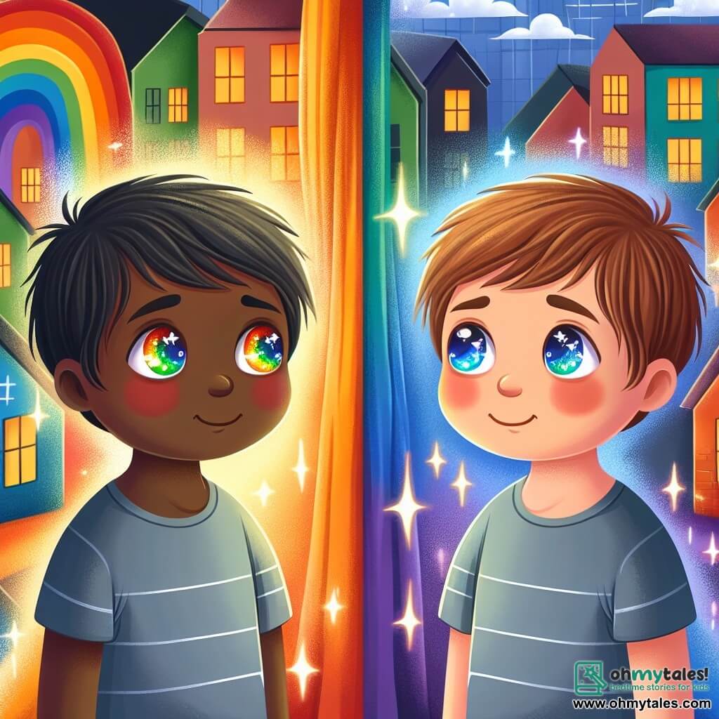 Une illustration destinée aux enfants représentant un jeune garçon aux yeux pétillants, confronté à la tristesse du racisme, accompagné d'un ami, dans une ville colorée où les maisons ressemblent à des arcs-en-ciel.
