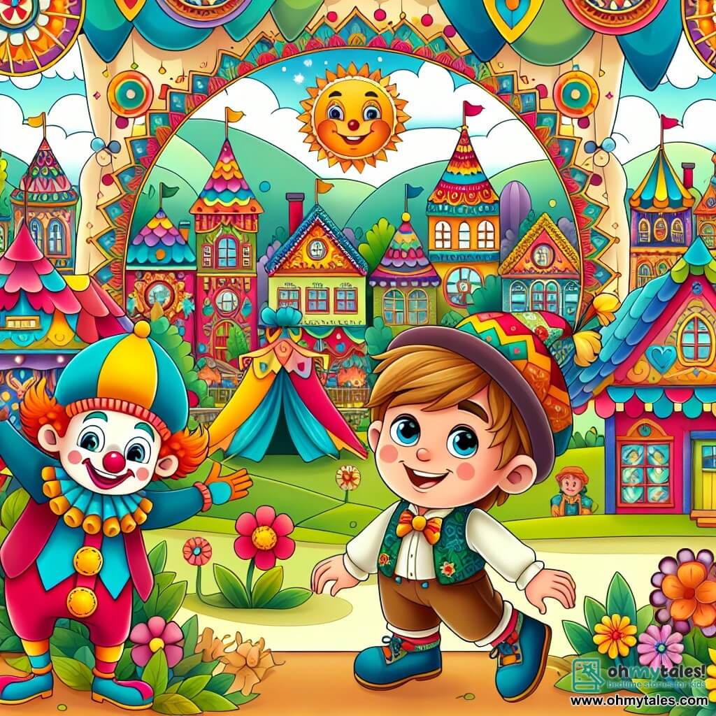Une illustration destinée aux enfants représentant un petit garçon joyeux découvrant un monde de couleurs et de magie lors d'un carnaval animé, accompagné de ses amis et d'un clown amusant, dans un village pittoresque rempli de maisons colorées et de décorations festives.