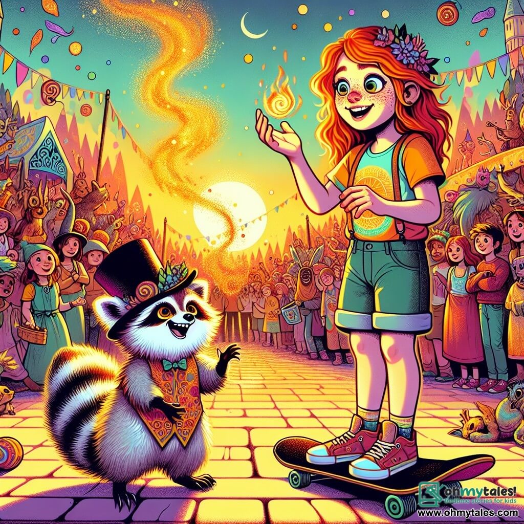 Une illustration sous forme de dessin destinée aux enfants représentant une scène vibrante de la ville de Sunflower City, où une fille de 11 ans aux cheveux roux flamboyants et aux taches de rousseur, portant un t-shirt coloré et un short, se tient sur son skateboard, observant avec émerveillement un petit animal magique à fourrure, ressemblant à un mélange de raton laveur et d'écureuil, qui porte un chapeau haut de forme et jongle avec des pommes enchantées, tandis qu'en arrière-plan, des créatures fantastiques et des humains se mêlent joyeusement lors d'un festival animé, le tout baigné dans une lumière dorée du coucher de soleil, symbolisant l'harmonie entre les deux mondes.