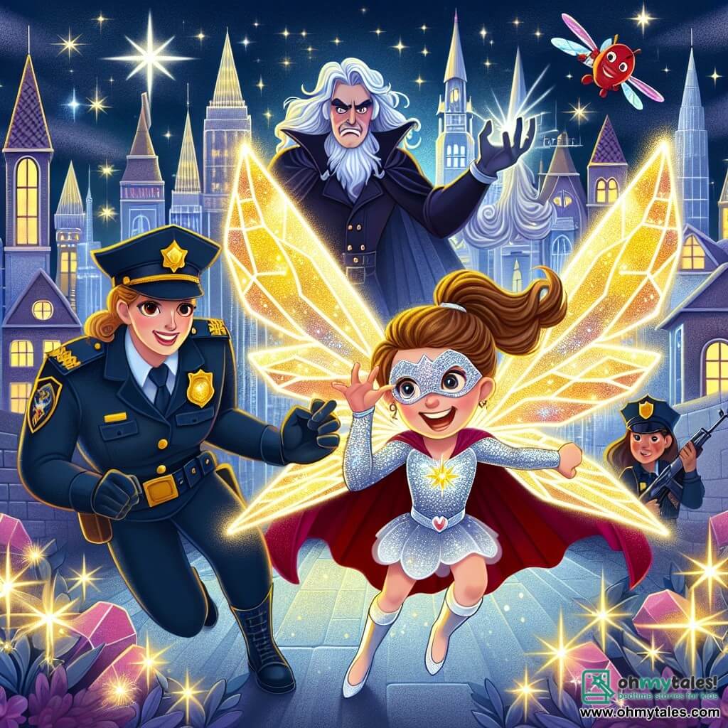 Une illustration destinée aux enfants représentant une super-héroïne au costume étincelant affrontant un redoutable méchant avec l'aide d'une courageuse policière, dans la cité magique de Crystalia illuminée par la lueur des étoiles.