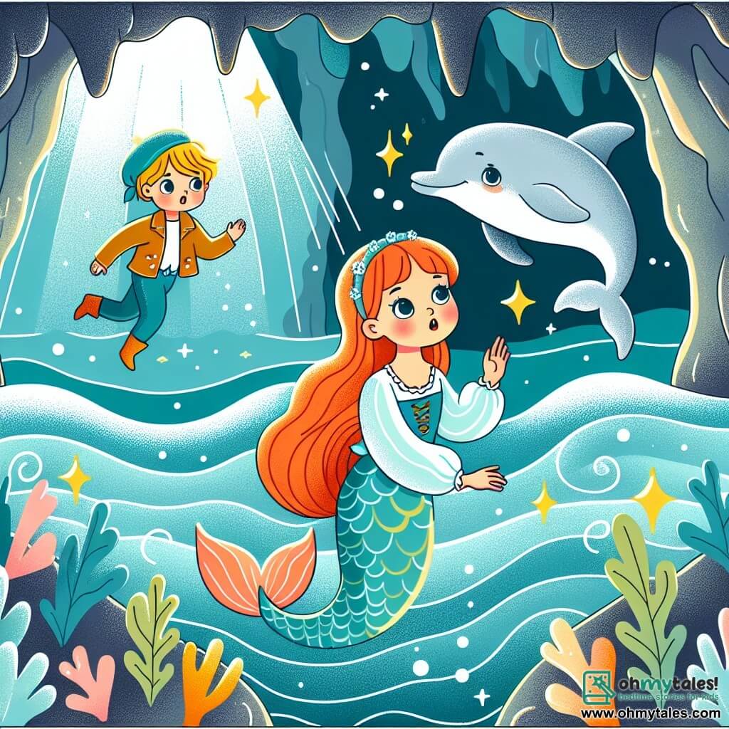 Une illustration destinée aux enfants représentant une sirène curieuse explorant une grotte mystérieuse, accompagnée d'un dauphin joueur, dans un océan scintillant aux couleurs chatoyantes.