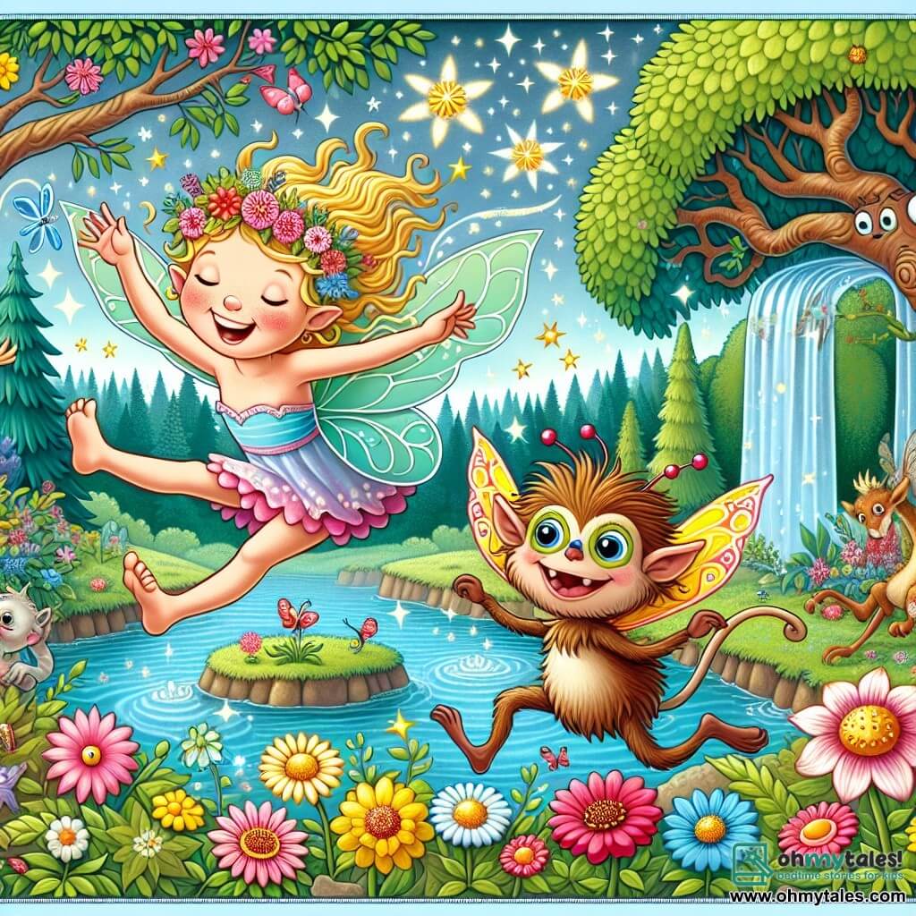 Une illustration destinée aux enfants représentant une fée espiègle, accompagnée d'une créature rigolote, dans un magnifique jardin enchanté rempli de fleurs colorées, d'arbres majestueux et d'une rivière scintillante.