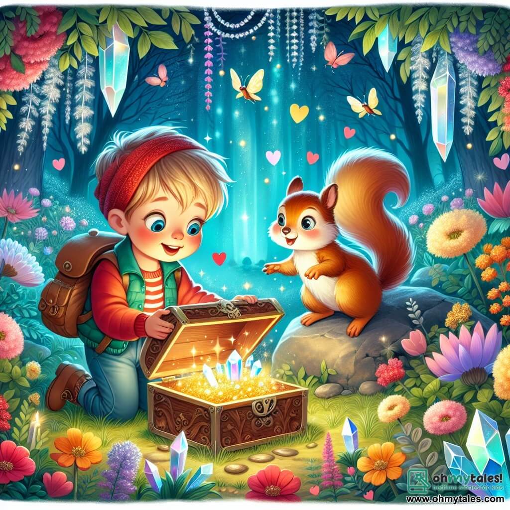 Une illustration destinée aux enfants représentant un petit garçon curieux découvrant un mystérieux trésor avec l'aide d'un écureuil espiègle dans un jardin enchanté rempli de cristaux scintillants, de fleurs colorées et de lucioles dansant, le tout dans une ambiance féerique et chaleureuse pour célébrer la Saint-Valentin.