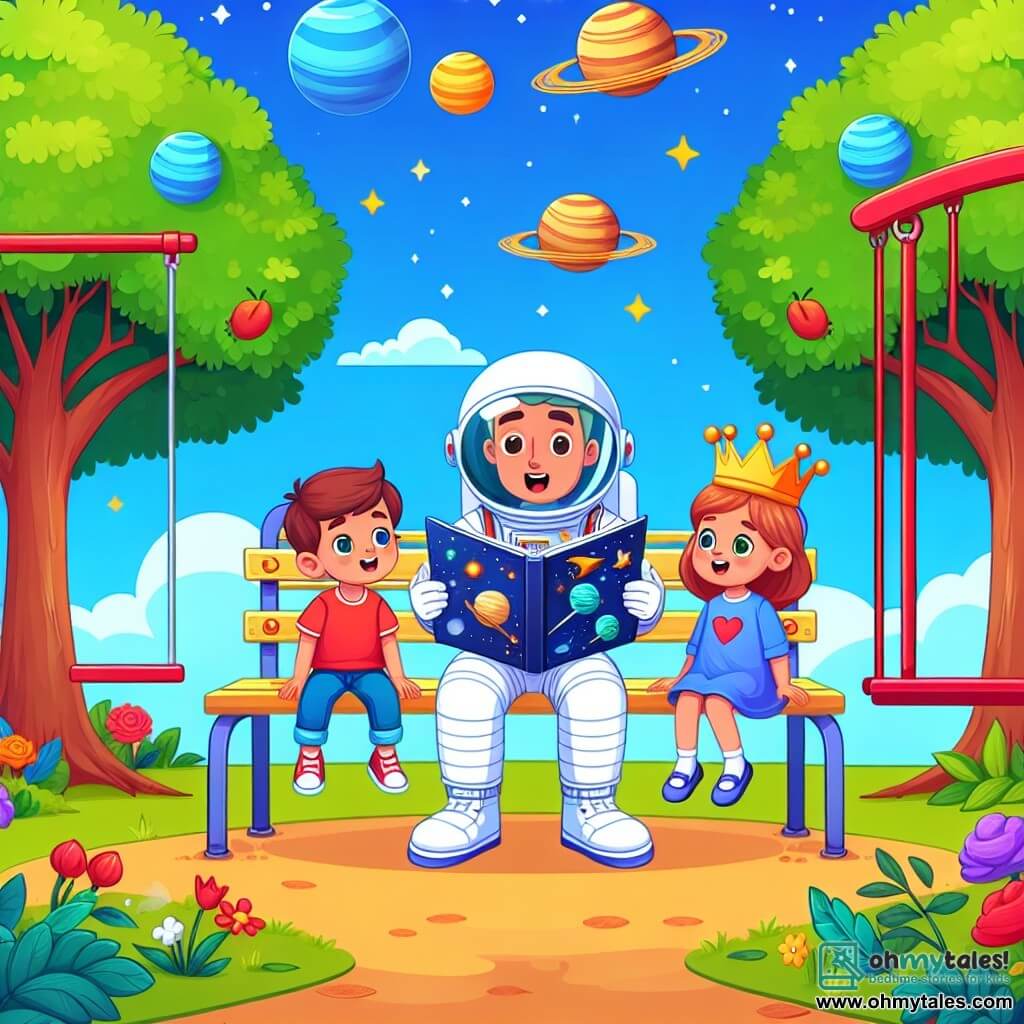 Une illustration destinée aux enfants représentant un astronaute homme racontant des aventures spatiales à un garçon et une fille assis sur un banc dans un parc verdoyant, entouré de balançoires colorées et d'arbres majestueux à la cime touffue, sous un ciel bleu clair parsemé de nuages cotonneux.