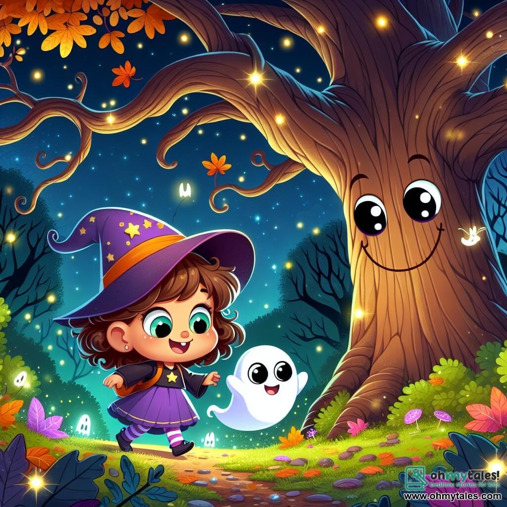 Une illustration sous forme de dessin destinée aux enfants représentant une scène magique dans une forêt enchantée, où une petite fille de 5 ans avec de grands yeux brillants et des cheveux bouclés bruns, vêtue d'un costume de sorcière amical avec un petit chapeau violet, cherche des feuilles lumineuses aux côtés d'un petit fantôme souriant avec de grands yeux ronds et un nœud papillon trop grand, tandis qu'un vieux chêne majestueux aux branches étendues les observe, entouré de feuilles colorées et de lucioles scintillantes illuminant la nuit d'Halloween.