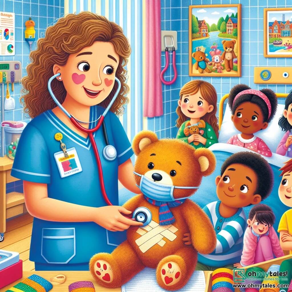 Une illustration sous forme de dessin destinée aux enfants représentant l'intérieur coloré et accueillant d'un hôpital, avec une femme médecin aux cheveux bouclés et un sourire chaleureux, vêtue de scrubs bleus, en train de montrer un stéthoscope à un groupe de quatre enfants, deux garçons et deux filles, tous curieux et souriants, tandis qu'un ours en peluche, nommé Sir Bandage-a-lot, est soigneusement bandé avec des pansements colorés, symbolisant l'importance de la gentillesse et des soins dans le métier de médecin.