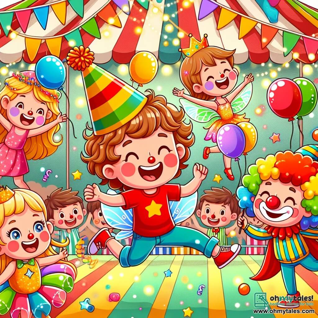 Une illustration sous forme de dessin destinée aux enfants représentant un carnaval coloré avec des tentes rayées, des ballons flottants et des lumières scintillantes, où un garçon de 6 ans aux cheveux bouclés et bruns, portant un t-shirt rouge et un chapeau en papier coloré, danse joyeusement au milieu d'une parade, entouré de deux personnages secondaires : une fille aux cheveux longs et blonds, habillée en fée avec des ailes brillantes, qui sourit et l'encourage, et un clown joyeux avec un nez rouge et une perruque multicolore, jonglant avec des balles colorées, le tout sous un ciel ensoleillé et festif.