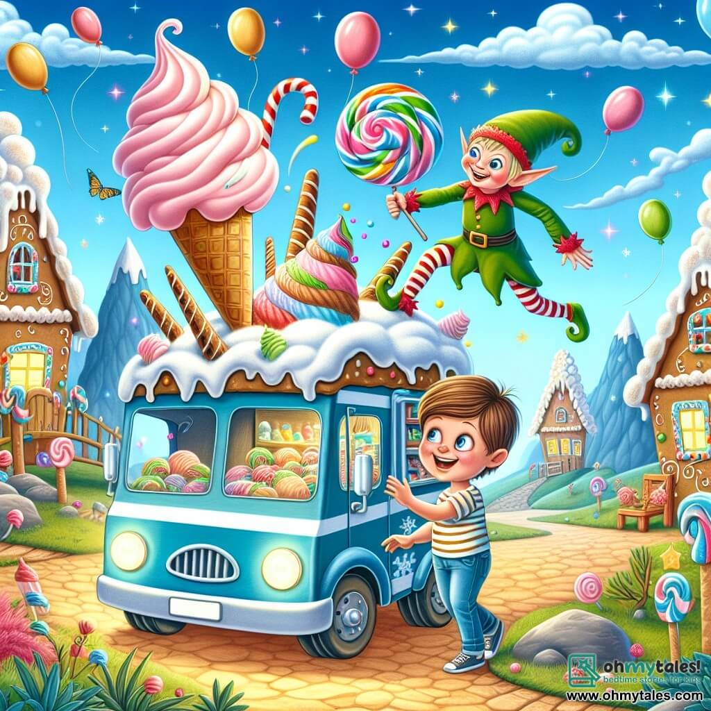 Une illustration destinée aux enfants représentant un garçon espiègle découvrant un camion de glaces magique, accompagné d'un lutin farceur transformé, dans un village fantastique aux maisons en pain d'épices et montagnes de guimauve, sous un ciel rempli de ballons colorés et de bonbons tourbillonnants.