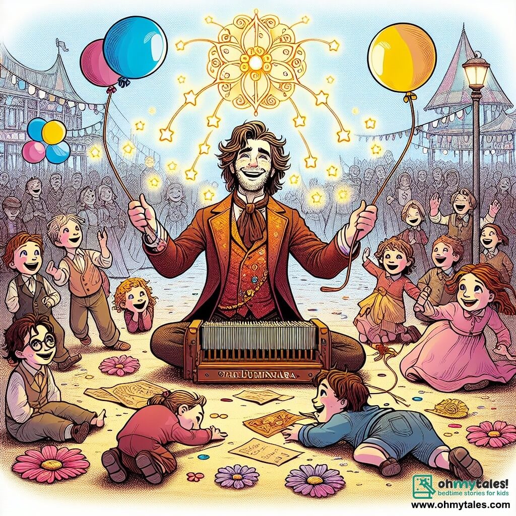 Une illustration sous forme de dessin destinée aux enfants représentant une scène vibrante dans la place animée de Willowbrook, où un homme aux cheveux bruns en désordre et au sourire éclatant joue de la Luminara, un instrument magique aux cordes scintillantes, entouré d'un groupe d'enfants joyeux aux visages émerveillés, dont un garçon aux lunettes rondes et aux cheveux ébouriffés qui danse avec enthousiasme, tandis que des ballons colorés flottent dans l'air et que des fleurs décorent le sol, capturant l'instant où la musique unit les cœurs et crée des souvenirs inoubliables.