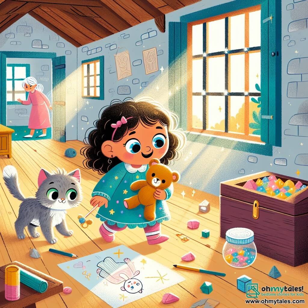 Une illustration sous forme de dessin destinée aux enfants représentant une vieille maison poussiéreuse avec une grande fenêtre, où une petite fille de 1 an aux cheveux bouclés et aux yeux pétillants, tenant un ours en peluche, explore avec émerveillement une pièce remplie de lumière, tandis qu'un petit chat aux poils gris et aux yeux verts les observe curieusement, alors qu'ils découvrent ensemble un coffre au trésor scintillant rempli de pierres colorées et d'un dessin souriant sur une table en bois.