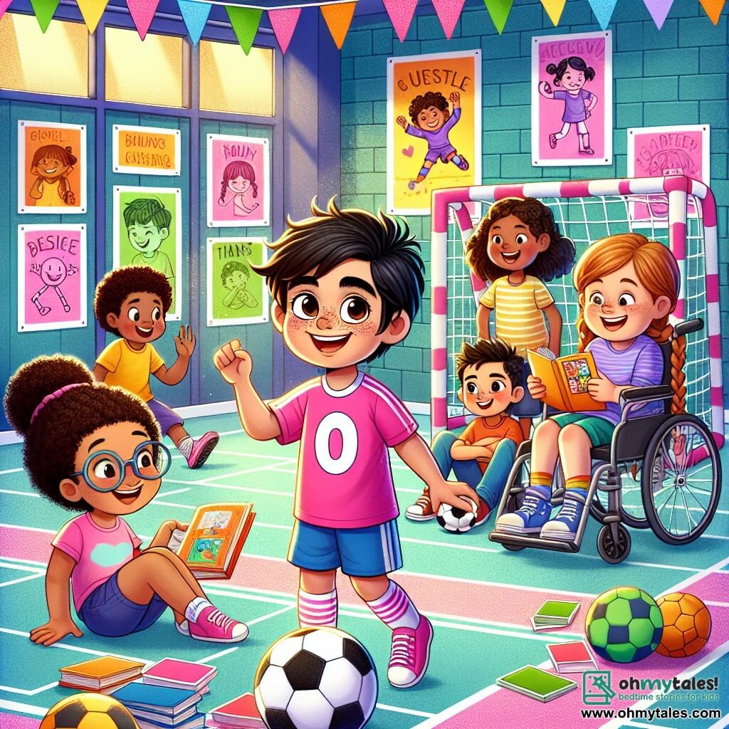 The illustration depicts a bright and colorful gymnasium, with walls adorned with vibrant posters announcing various activities. In the center, a group of children is having fun together: a 10-year-old girl with curly hair and a beaming smile is wearing a pink soccer jersey and getting ready to shoot at the goal. Beside her, an 11-year-old boy with glasses and messy brown hair is engrossed in a book, fascinated by the story he is discovering. Another 12-year-old boy in a wheelchair is laughing heartily while showing cards to his friends, his eyes sparkling with mischief. Finally, a 9-year-old girl with a braid and sportswear is skillfully dribbling the ball. The scene exudes an atmosphere of joy and friendship, illustrating the spirit of equality and sharing, with colorful soccer balls and books scattered around them, symbolizing the diversity of interests and talents.