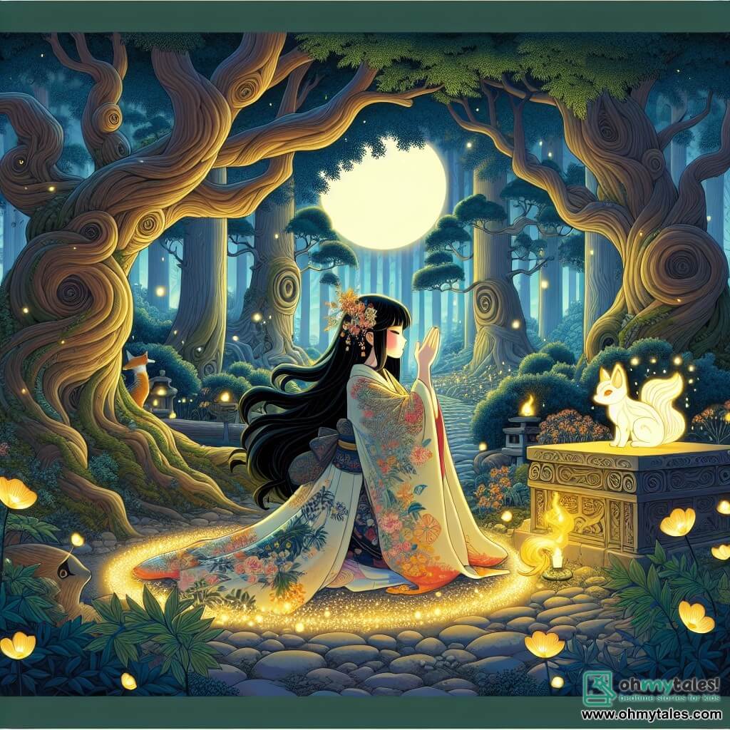 An illustration depicting an enchanted clearing in the heart of a Japanese forest, bathed in soft moonlight. Majestic trees with gnarled trunks and sprawling branches are adorned with glowing flowers and fireflies dancing in the cool evening air. In the center, a young woman with long black hair, dressed in a colorful kimono adorned with floral patterns, kneels with a determined expression on her face. She is before an ancient stone altar, hands clasped in respect, as a golden light emanates from the altar, illuminating her face. Nearby, a forest spirit in the form of a kitsune appears with its golden fur and mischievous eyes. It watches the young woman with curiosity, its bushy tail gently swaying behind it. The main scene shows the young woman praying to restore harmony between her village and nature, while the kitsune, as a guardian, seems ready to offer her assistance. Delicate flowers and leaves float around them, adding a touch of magic to the scene.