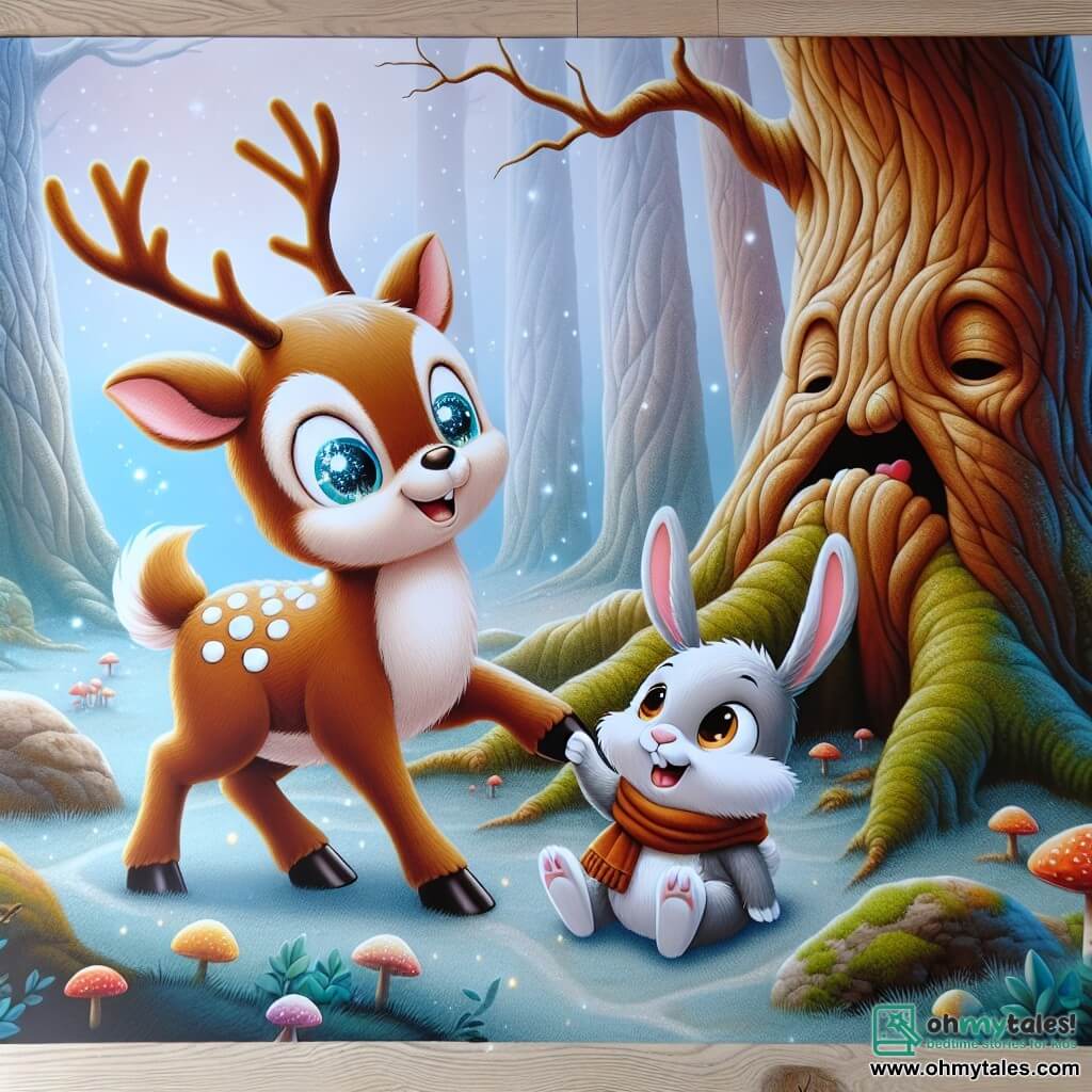 Une illustration destinée aux enfants représentant une jeune renne aux yeux pétillants, aidant un lapin effrayé, dans une forêt enchantée où les arbres anciens murmurent des secrets magiques.