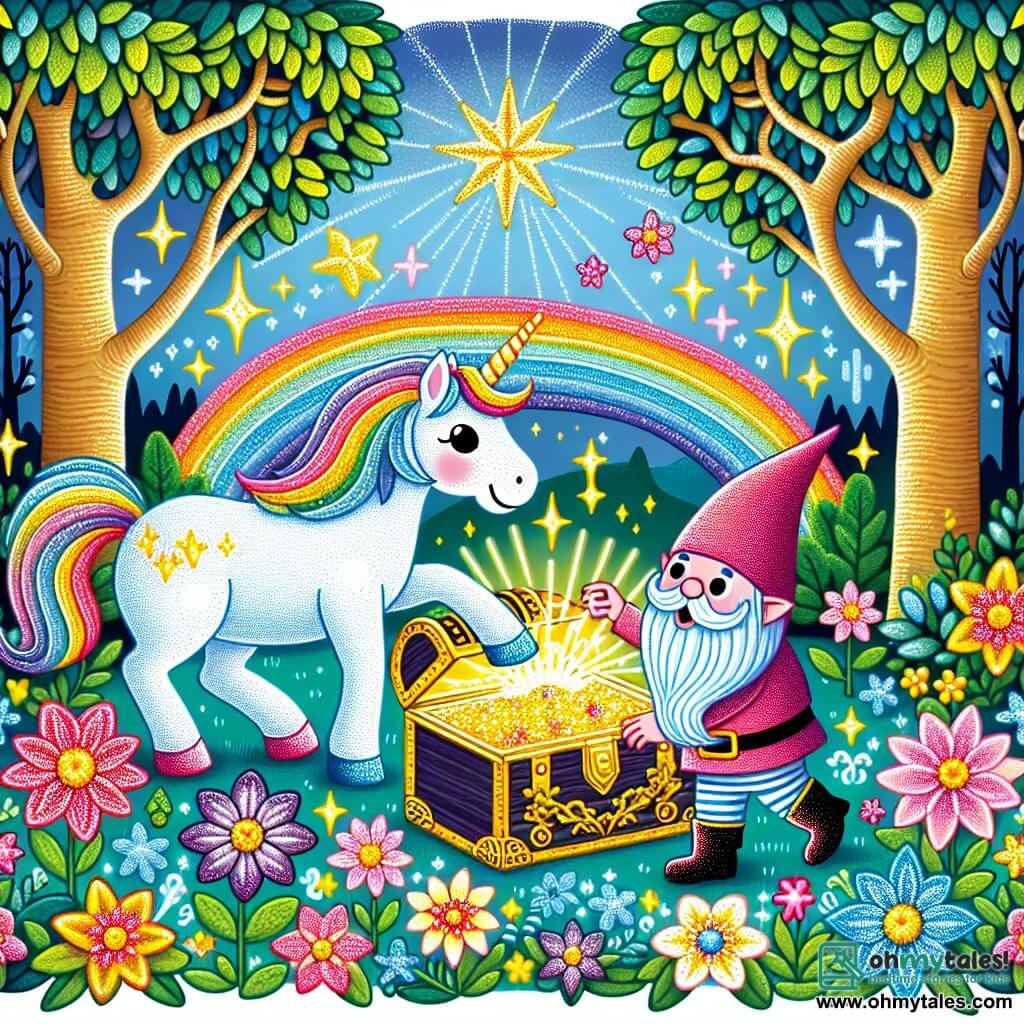 Une illustration destinée aux enfants représentant une licorne étincelante découvrant un trésor caché avec l'aide d'un lutin farceur, dans une clairière enchantée remplie de fleurs lumineuses aux couleurs arc-en-ciel et d'arbres aux feuilles scintillantes.