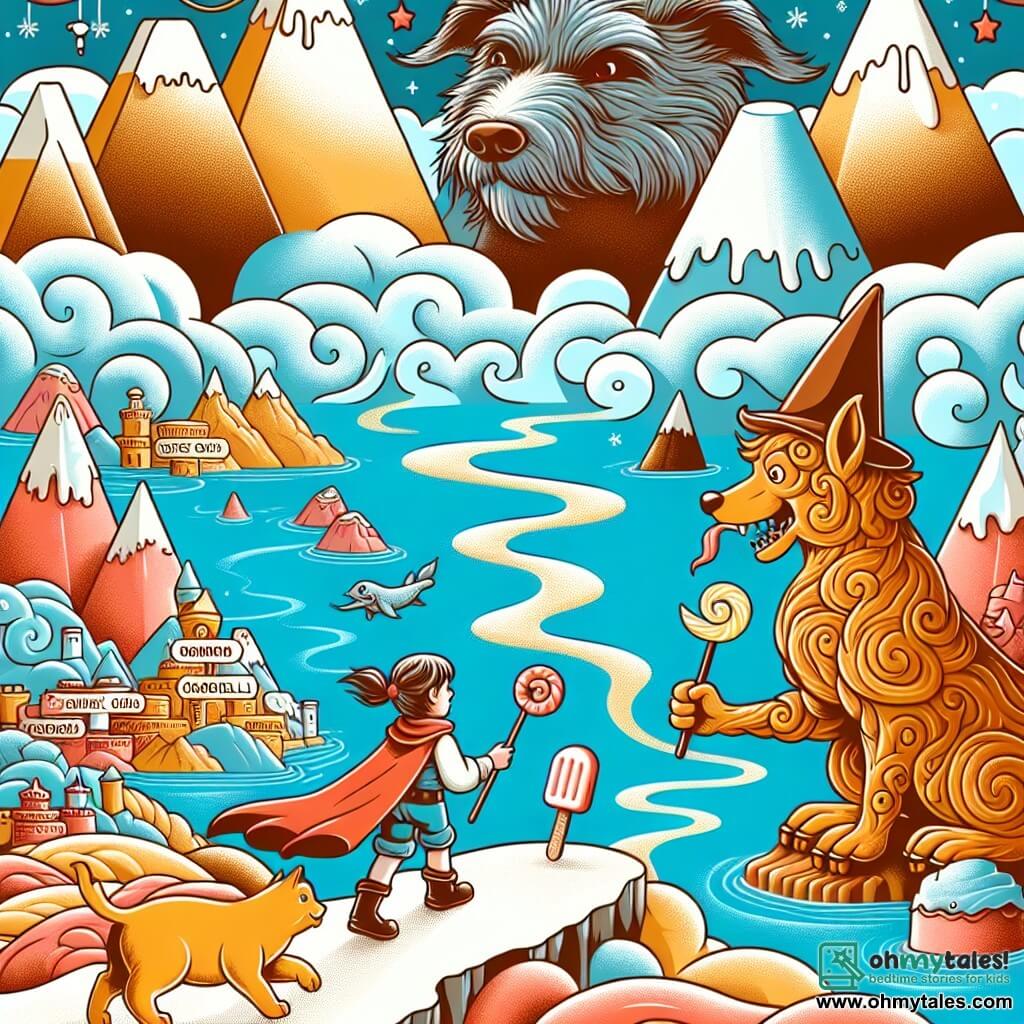 Une illustration destinée aux enfants représentant une jeune fille intrépide se lançant dans un défi impossible avec l'aide d'un mystérieux animal parlant, dans un monde fantastique rempli de montagnes en forme de glaces géantes, de rivières de caramel et d'un ciel parsemé de nuages en forme de cornets de glace, le tout situé dans la merveilleuse ville sucrée de Douceville.