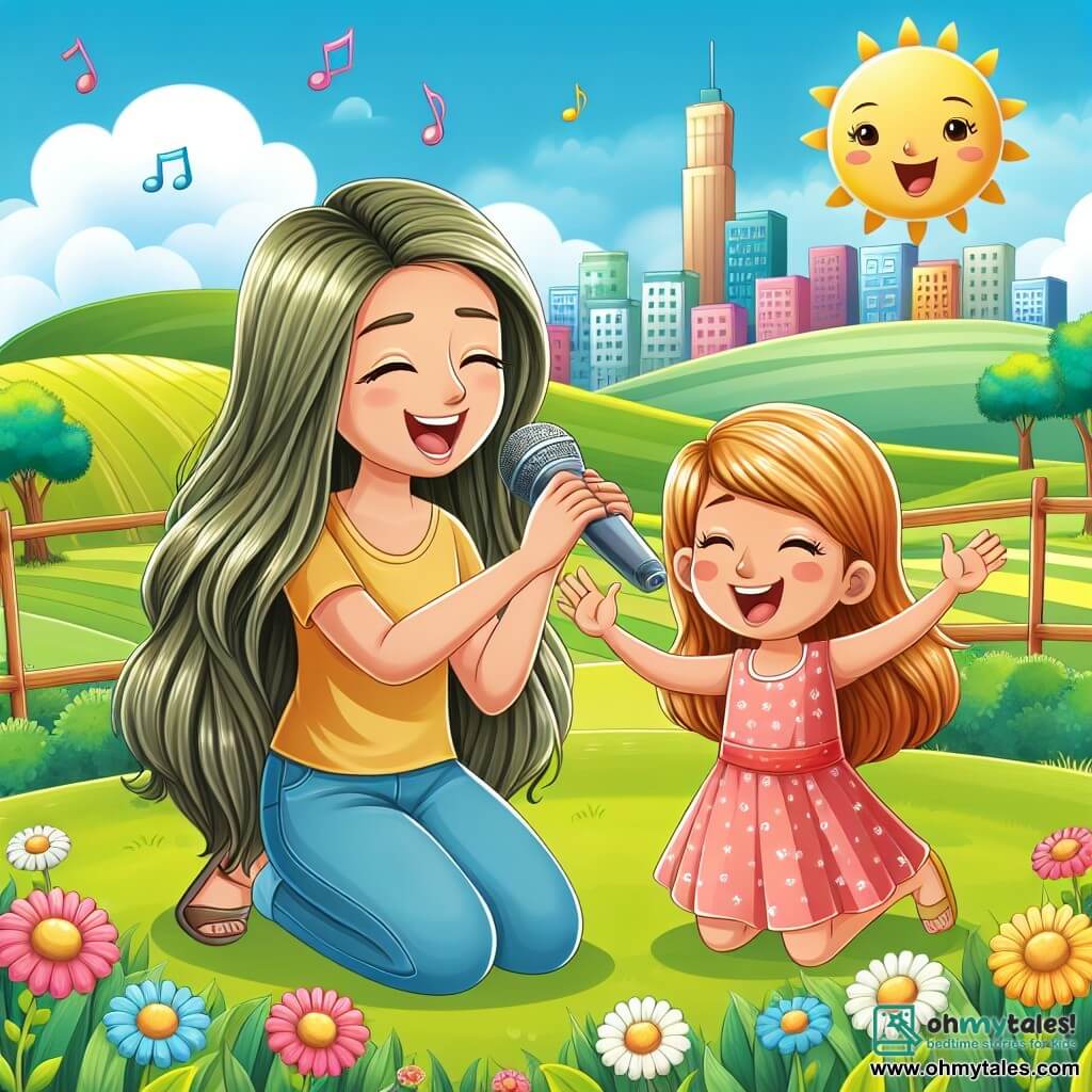 Une illustration destinée aux enfants représentant une chanteuse talentueuse aux cheveux longs et brillants, accompagnée d'une jeune fille joyeuse, chantant ensemble dans une prairie ensoleillée de la ville animée de Colline d'Harmonie.