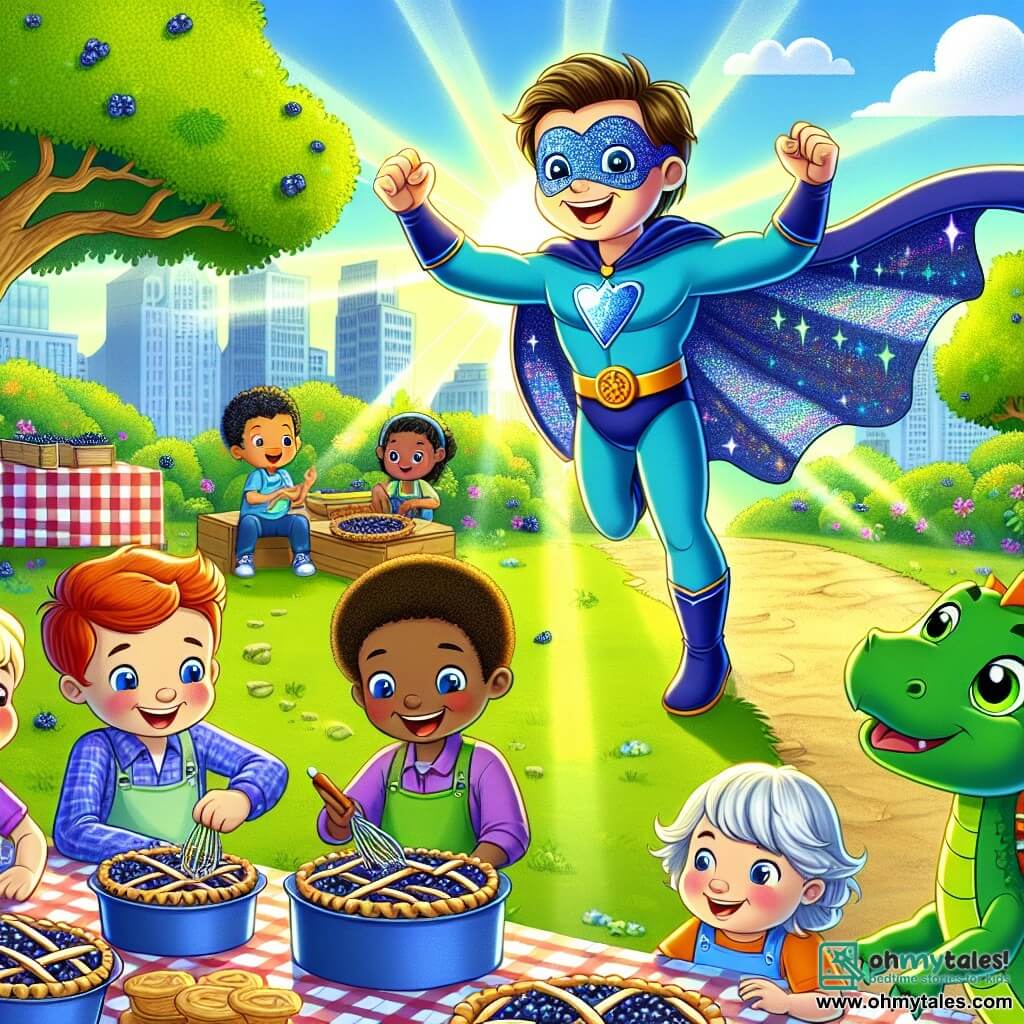 Une illustration sous forme de dessin destinée aux enfants représentant un parc ensoleillé de Brightville, avec un homme super-héros au costume bleu scintillant et à la cape flottante, souriant joyeusement tout en encourageant un groupe d'enfants (deux garçons et une fille) qui s'affairent à préparer des tartes aux myrtilles pour un concours, tandis qu'un dragon amical aux écailles vertes et aux yeux pétillants observe la scène avec curiosité, le tout baigné dans une atmosphère festive et colorée.