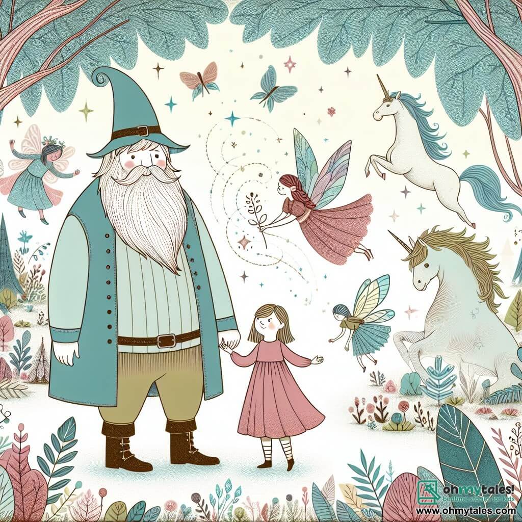 Une illustration destinée aux enfants représentant un géant bienveillant, une petite fille curieuse, une forêt enchantée où les fées virevoltent et les licornes gambadent, et une graine magique qui dévoile des trésors cachés.