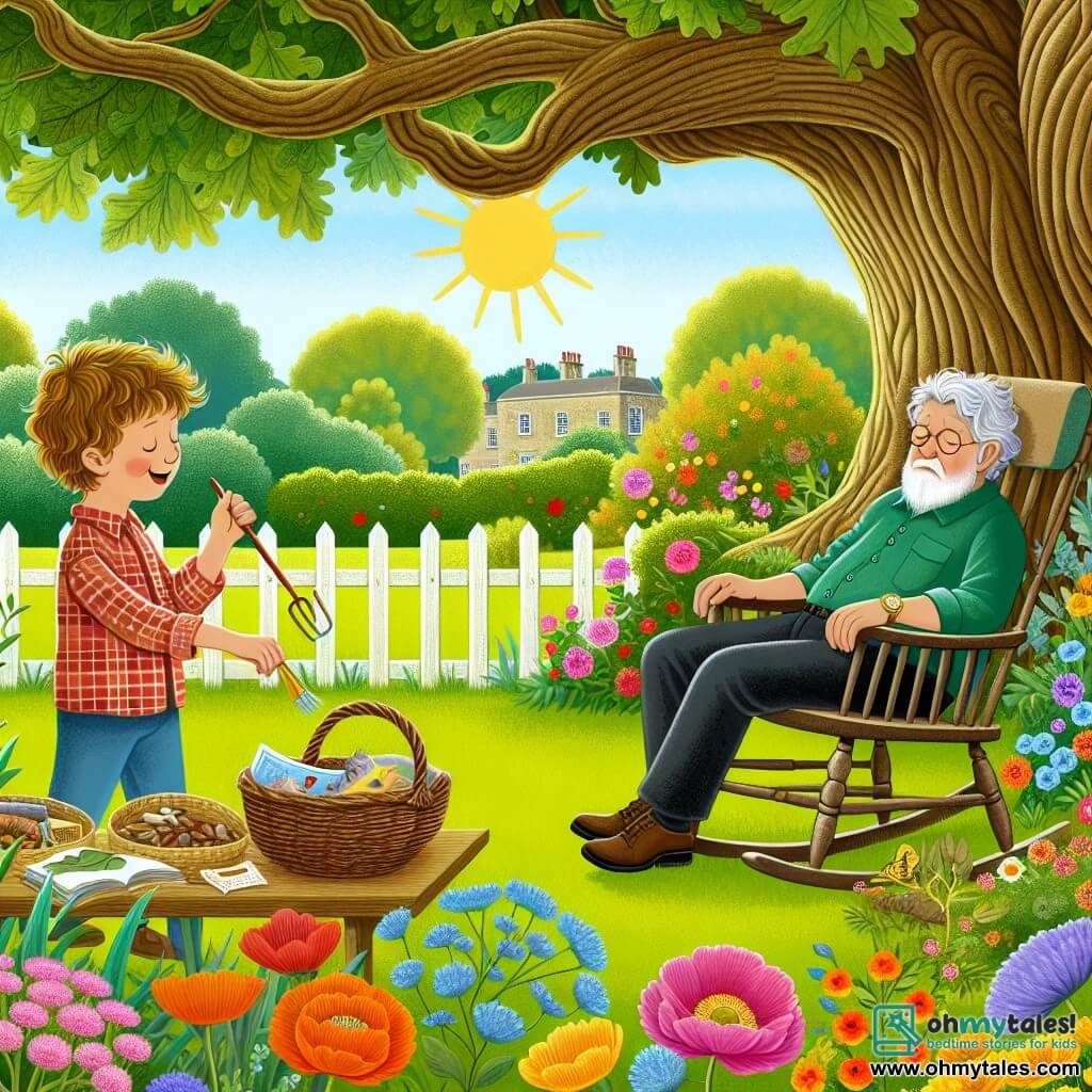 Une illustration destinée aux enfants représentant un garçon plein d'énergie, en train de préparer une chasse au trésor pour la fête des pères, avec son père (homme) endormi dans un fauteuil à bascule, dans leur jardin ensoleillé de Willowbrook, avec des fleurs colorées et un vieux chêne majestueux en arrière-plan.