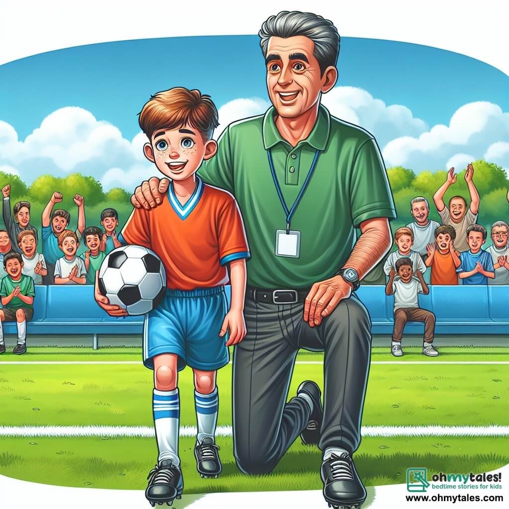 Une illustration destinée aux enfants représentant un jeune homme passionné de football, faisant ses débuts dans une équipe professionnelle, avec son mentor, un coach bienveillant, sur un terrain de football verdoyant entouré de supporters enthousiastes.