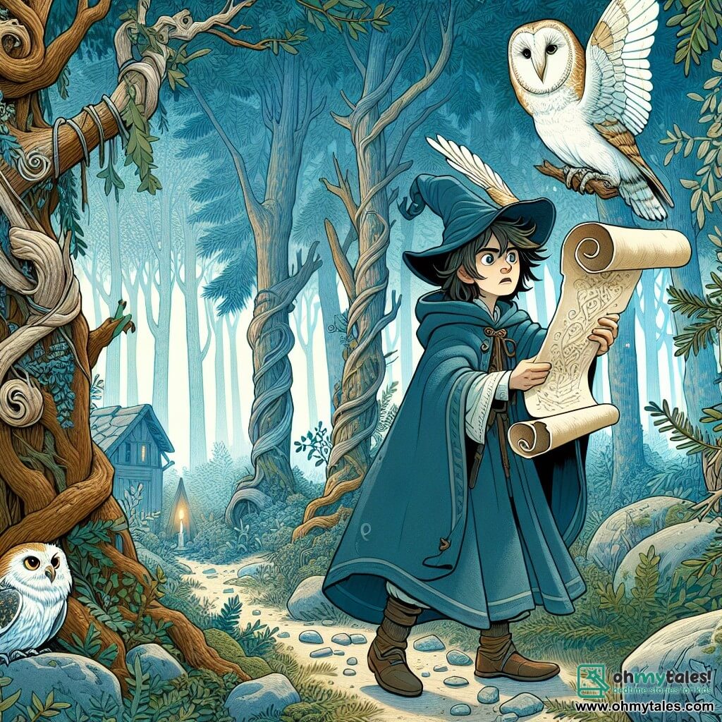 Une illustration destinée aux enfants représentant un jeune apprenti sorcier, sur le point de découvrir un mystérieux parchemin, accompagné d'un hibou messager, dans une forêt dense et enchantée où les arbres semblent se pencher pour écouter les secrets de la magie.