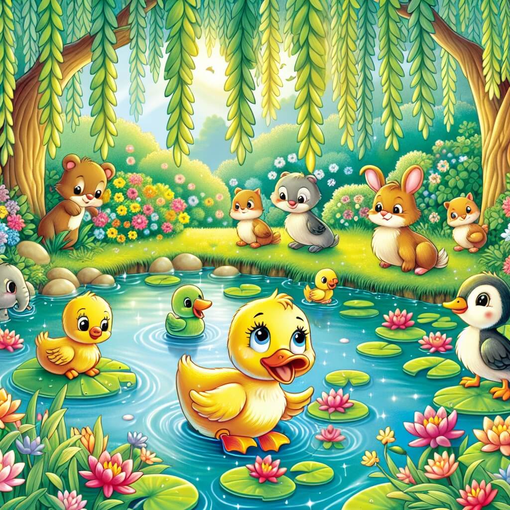 Une illustration destinée aux enfants représentant un charmant petit canard, se retrouvant dans une situation hilarante avec ses amis animaux, dans un étang scintillant entouré de saules pleureurs et de nénuphars colorés.