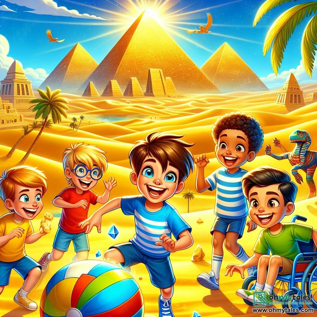 An illustration depicting a vast golden desert dotted with rolling dunes under a bright blue sky. In the distance, majestic pyramids made of sparkling stones rise, while palm trees sway gently in the warm wind. In the foreground, a group of five boys around seven years old, all smiling and full of energy. One, with messy brown hair, wears a red t-shirt and blue shorts, while another, with blond hair, is dressed in a striped shirt. A boy with black hair, wearing glasses, is enthusiastically gesturing, while another, with brown hair, bends down to pick up a small shiny stone. The last boy, using a colorful wheelchair, beams with excitement in his sparkling eyes. The main scene shows the boys playing with Egyptian children, laughing and having fun around a fabric ball game. In the background, a large brontosaurus leans down to eat leaves, adding a touch of magic to the adventure. Bright colors and joyful expressions on the children's faces create an atmosphere of friendship and adventure, capturing the spirit of a time travel journey.
