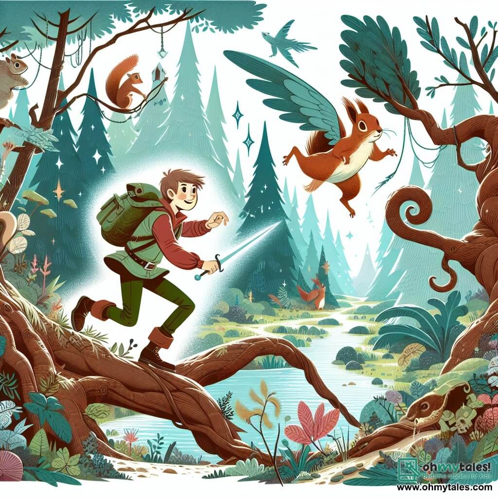 Une illustration destinée aux enfants représentant un jeune garçon aventurier se lançant dans une quête magique avec l'aide d'un écureuil malicieux, à travers une forêt enchantée aux arbres majestueux et aux créatures magiques.