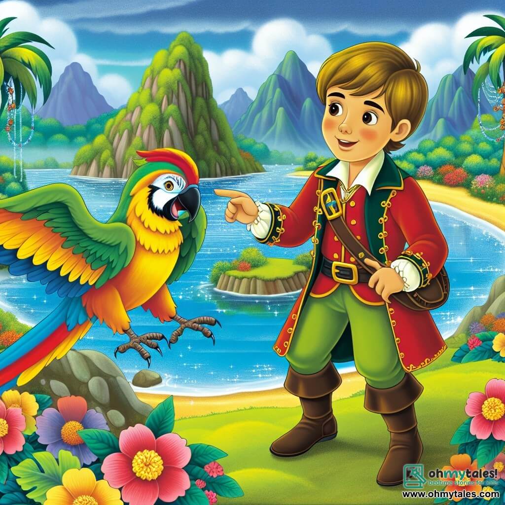 Une illustration destinée aux enfants représentant un jeune prince aventureux, accompagné de son fidèle perroquet bavard, explorant une île mystérieuse entourée d'un lac scintillant aux reflets des fleurs colorées du royaume enchanté d'Everland.