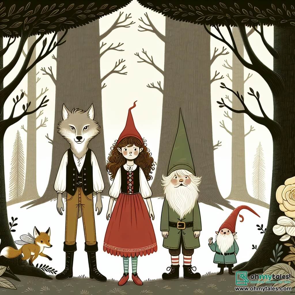 Une illustration destinée aux enfants représentant une jeune fille loup-garou se tenant aux côtés d'une fée et d'un gnome, au cœur d'une forêt magique où les arbres murmurent des secrets au vent.