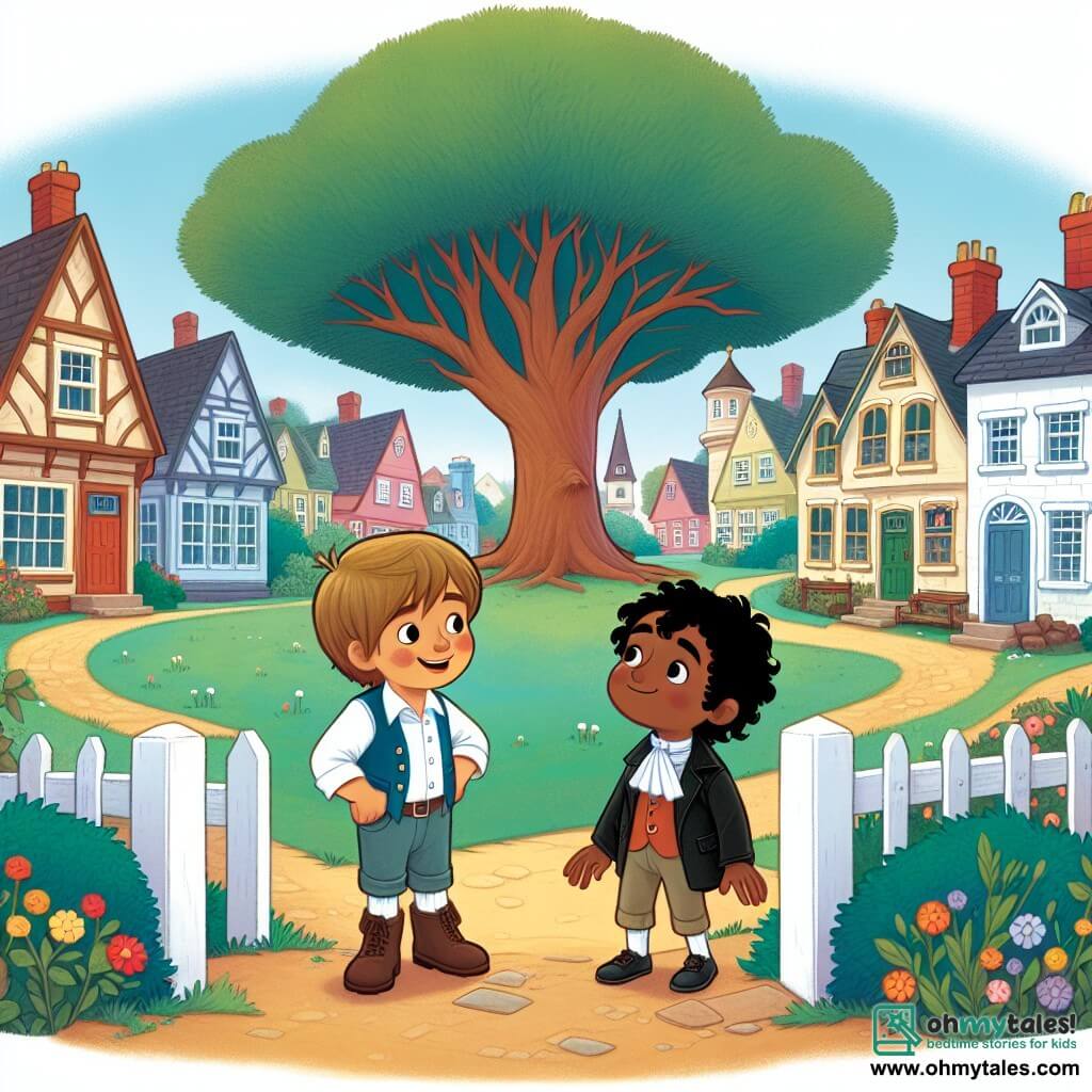 Une illustration destinée aux enfants représentant un jeune garçon curieux et ouvert d'esprit, faisant la rencontre d'un nouvel ami timide et aux cheveux noirs, dans une petite ville pittoresque appelée Harmonyville, entourée de maisons colorées et d'une grande et majestueuse chêne.