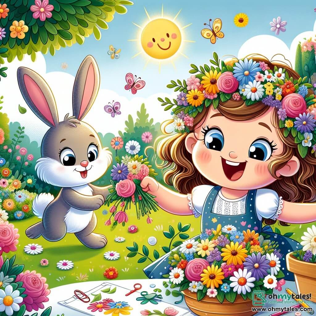 Une illustration sous forme de dessin destinée aux enfants représentant un jardin enchanté rempli de fleurs colorées, où une petite fille de 3 ans aux cheveux bouclés et au sourire éclatant danse joyeusement tout en tenant un bouquet de fleurs, accompagnée d'un petit lapin aux grandes oreilles et à la fourrure douce qui saute autour d'elle, alors qu'elles préparent ensemble une couronne de fleurs pour célébrer la fête des mères, avec des rayons de soleil illuminant la scène et des pétales flottant dans l'air.