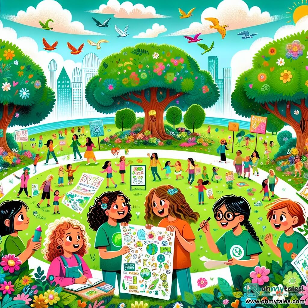 An illustration depicting a lush green park in the height of summer, featuring majestic trees with vibrant leaves, blooming colorful flowers, and a bright green lawn. In the center, four girls around 10 years old are gathered around a large poster decorated with drawings and slogans about climate change. One girl with curly brown hair is wearing a green t-shirt and smiling joyfully while holding a sign. Another girl with braided blonde hair is carefully looking at a document in her hands. The third girl, with straight black hair, is sketching ideas in a notebook, while the last girl, wearing glasses and with red hair, is enthusiastically explaining to a group of curious children surrounding them. In the background, families are enjoying the park, and birds are flying in a clear blue sky, symbolizing harmony with nature. Graphic elements like flowers, trees, and playing children enhance the joyful and engaged atmosphere of the scene.