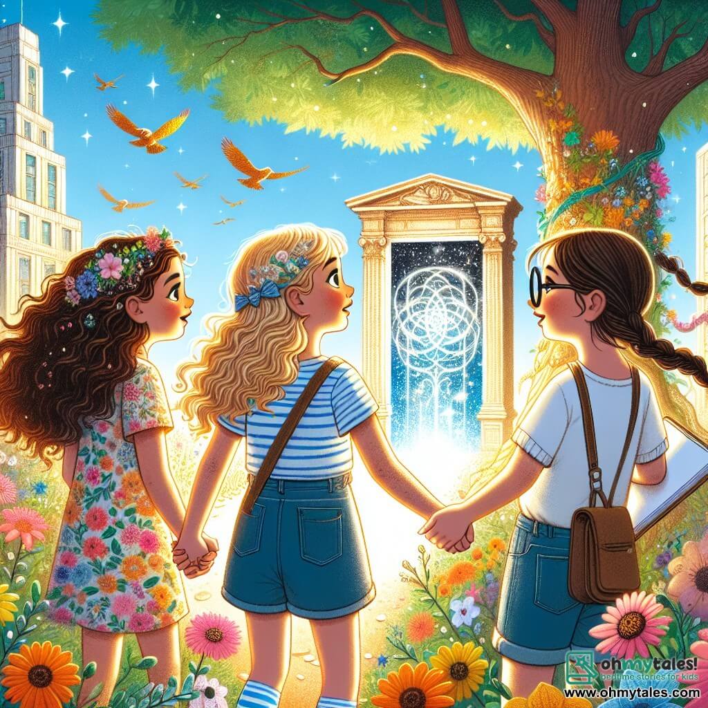 An illustration depicting a magical scene in a sunny urban park, filled with colorful flowers and large oak trees with lush green leaves. In the center of the image, three young girls, around 10 years old, are holding hands, their faces lit up with excitement. One of them, with curly hair and a floral-patterned dress, looks in wonder at a sparkling portal appearing behind an old stone building. The second girl, wearing glasses and a striped t-shirt, smiles while holding a sketchbook, ready to capture this magical moment. The third girl, with braided hair and denim shorts, points at the portal, her eyes shining with adventure. In the background, birds fly in a clear blue sky, and fairy-like creatures can be seen in the trees, adding a touch of mystery to this enchanted scene.