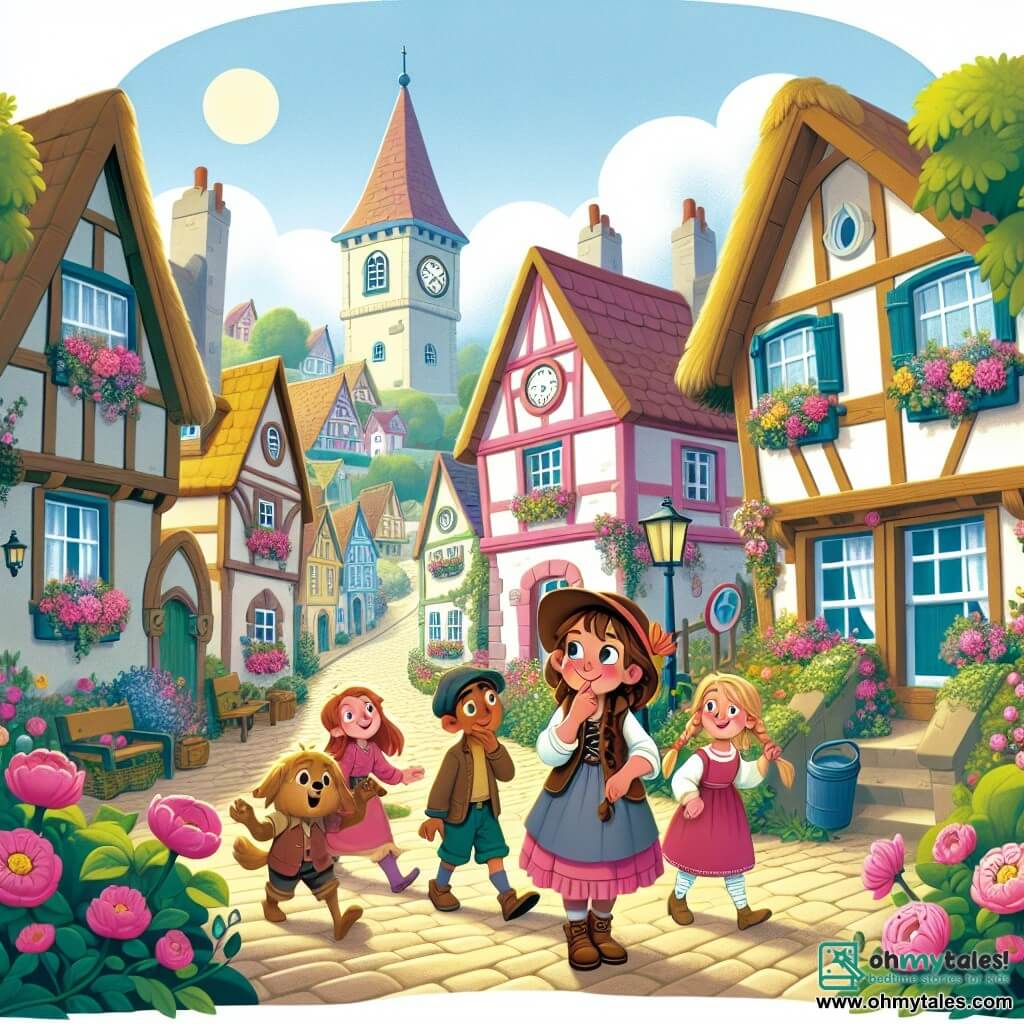 Une illustration destinée aux enfants représentant une jeune fille curieuse et courageuse résolvant un mystère avec l'aide de ses amis, dans la ville pittoresque de Willowbrook, où les rues bordées de maisons colorées et de jardins fleuris ajoutent une touche de magie à l'histoire.