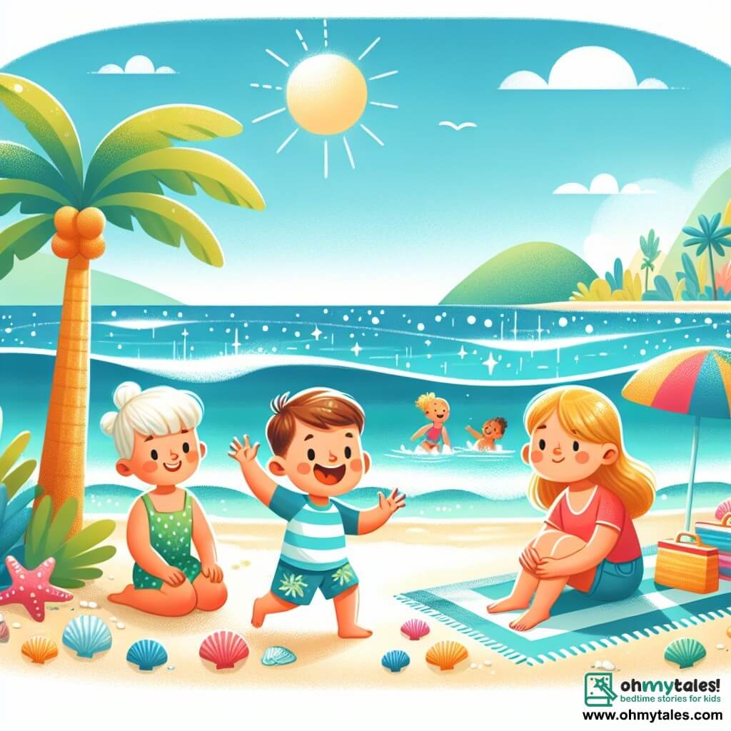 Une illustration destinée aux enfants représentant un jeune garçon plein d'enthousiasme, en maillot de bain, jouant sur une plage ensoleillée, accompagné de sa maman et d'une petite fille triste, avec des vagues bleues et une mer scintillante en arrière-plan, entourés de palmiers verts et de coquillages multicolores.
