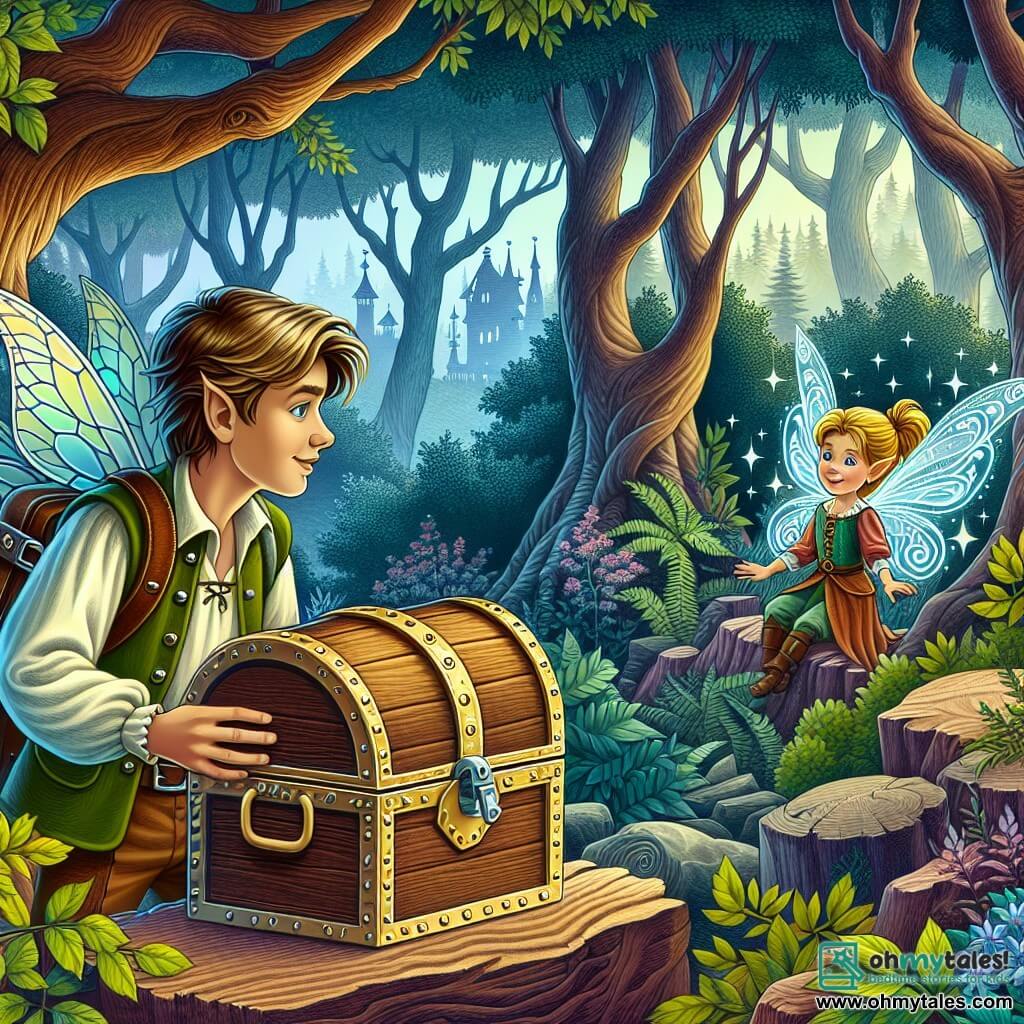 Une illustration destinée aux enfants représentant un jeune homme intrépide découvrant un coffre mystérieux dans une forêt enchantée, accompagné d'une fée espiègle aux ailes scintillantes, dans le royaume médiéval d'Eldoria, où les arbres majestueux et les ruines anciennes créent une atmosphère magique et envoûtante.