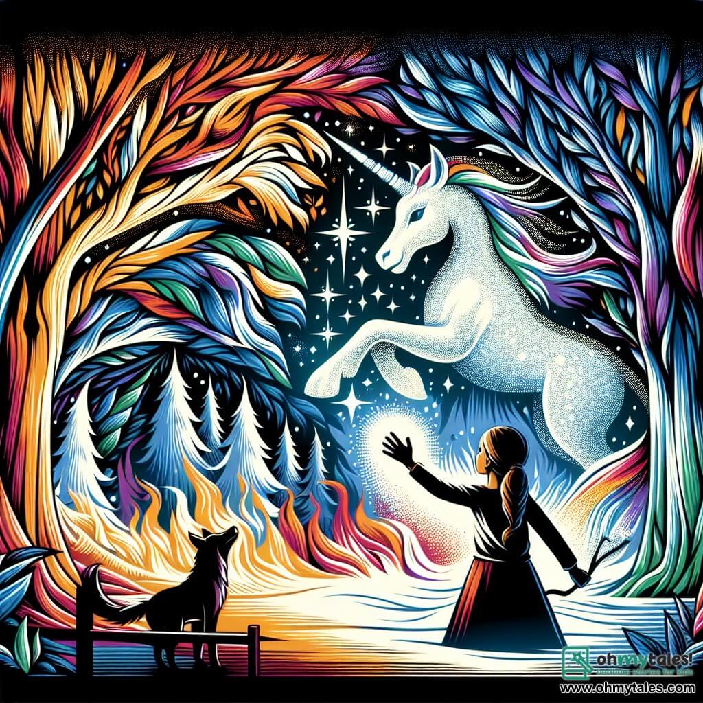 Une illustration destinée aux enfants représentant une jeune fille pleine d'imagination, se confrontant à un défi impossible avec l'aide d'un animal magique, dans une forêt enchantée où les arbres brillent de mille couleurs.