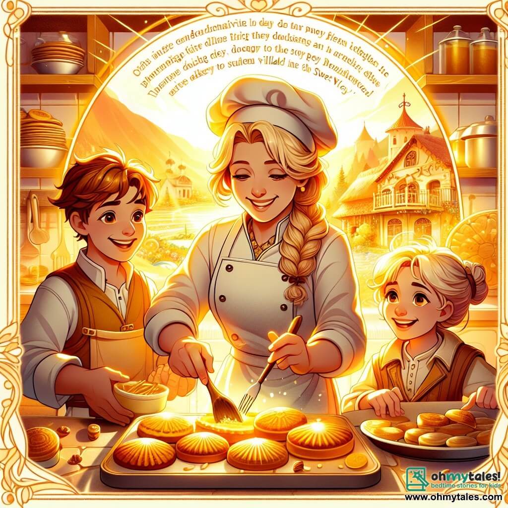 Une illustration destinée aux enfants représentant une talentueuse boulangère, une journée de cuisine enchantée avec deux jeunes aventuriers, un garçon et une fille, dans une boulangerie chaleureuse et lumineuse appelée "Les Délices Dorés" située dans le village ensoleillé de Valléedouce.