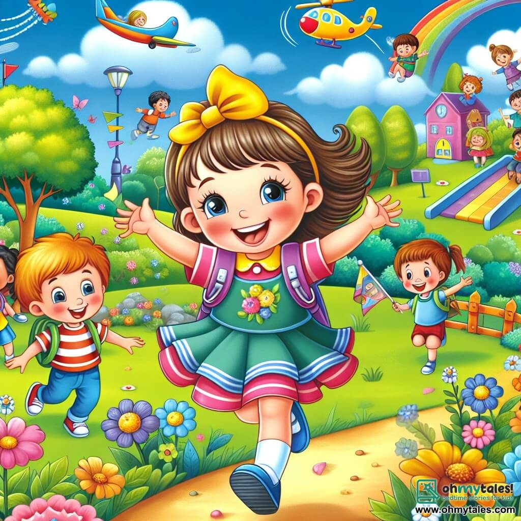 Une illustration destinée aux enfants représentant une petite fille, pleine d'excitation, vivant une journée pleine d'aventures à l'école, accompagnée de sa meilleure amie, dans une cour de récréation colorée et animée, entourée de joyeux camarades de classe.