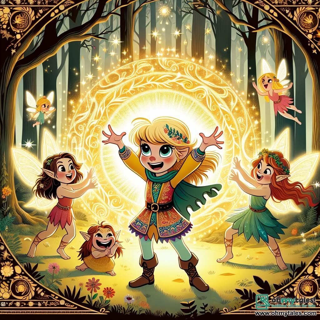 Une illustration sous forme de dessin destinée aux enfants représentant une clairière enchantée au cœur des Whispering Woods, baignée de lumière dorée, où une fille de 11 ans aux cheveux dorés et aux yeux pétillants, vêtue d'une tunique colorée, se tient courageusement au centre, levant les bras pour canaliser une énergie lumineuse, entourée de créatures magiques comme un petit sprite aux oreilles pointues et aux cheveux en bataille, qui sourit avec enthousiasme, et des fées aux ailes scintillantes dansant autour d'elle, alors qu'elles unissent leurs forces pour repousser une ombre menaçante qui s'approche, symbolisant le combat entre la lumière et les ténèbres.