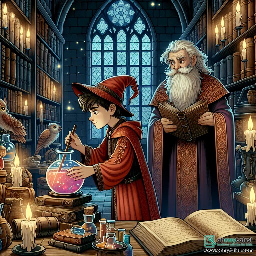 Une illustration destinée aux enfants représentant un jeune apprenti sorcier, vêtu d'une robe écarlate et d'un chapeau pointu, concoctant une potion magique dans un laboratoire poussiéreux, accompagné d'un vieux professeur aux cheveux blancs et à la barbe touffue, dans une bibliothèque remplie de vieux grimoires, éclairée par la lueur tamisée de chandelles scintillantes, dans un monde enchanté appelé Enchantia.