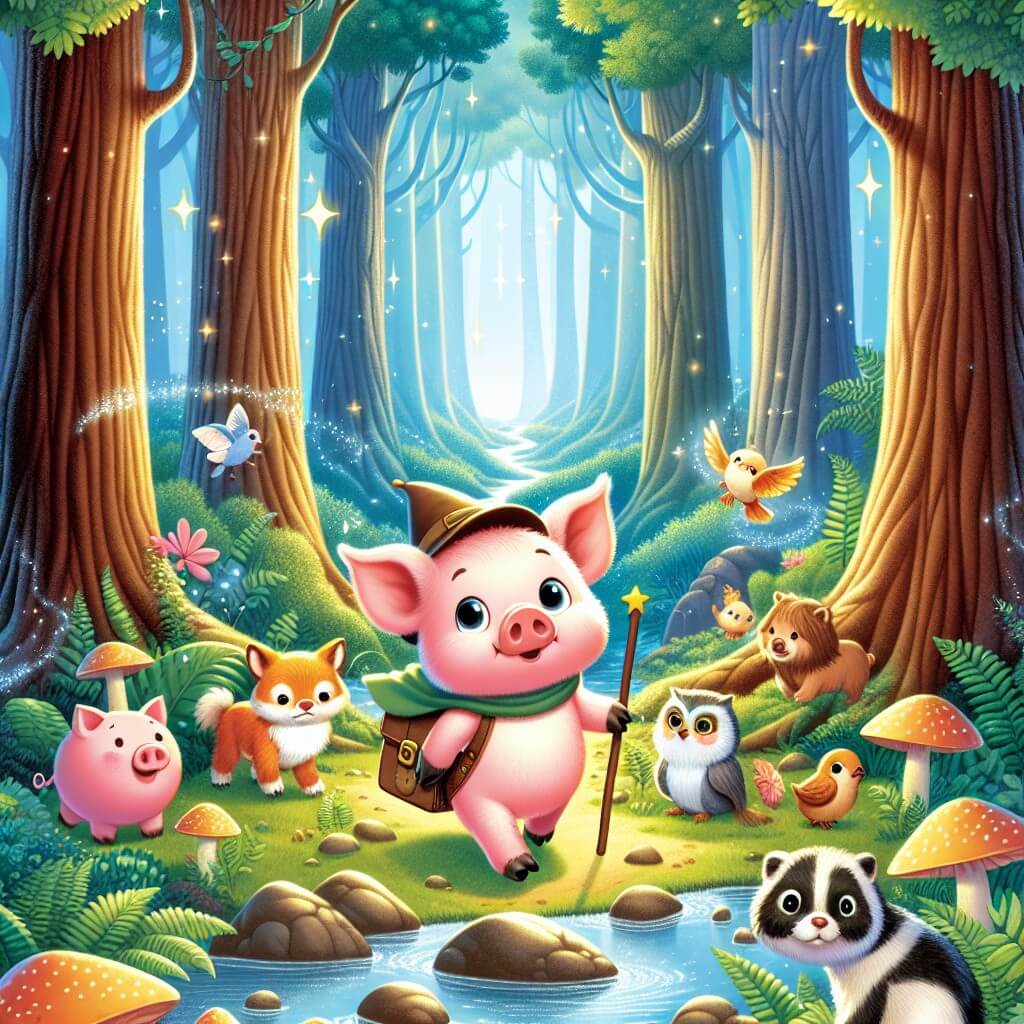 Une illustration destinée aux enfants représentant un adorable cochon intrépide qui se lance dans une quête pour trouver un trésor enchanté, accompagné de ses amis animaux, à travers une forêt enchantée regorgeant de grands arbres majestueux, de ruisseaux étincelants et de mystères à découvrir.