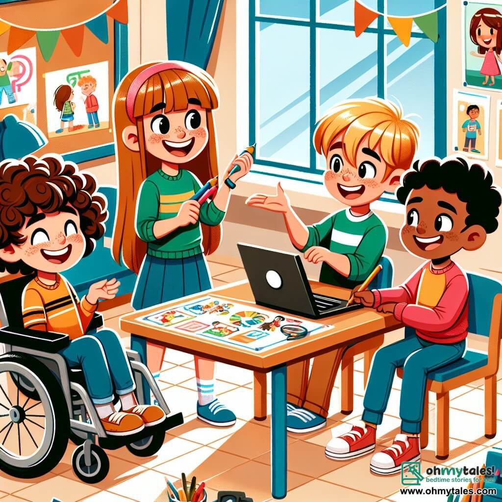 Une illustration sous forme de dessin destinée aux enfants représentant une salle de classe colorée de l'école primaire, avec un groupe de quatre enfants de 7 ans : un garçon aux cheveux bruns et bouclés, souriant et assis dans un fauteuil roulant, entouré de deux filles aux cheveux blonds et roux, l'une dessinant un poster sur une table, et l'autre utilisant un ordinateur portable, tandis qu'un garçon aux cheveux noirs, debout à côté d'eux, explique avec enthousiasme une idée de jeu inclusif, le tout dans une ambiance joyeuse et collaborative, illustrant l'importance de l'accessibilité et de l'inclusion.