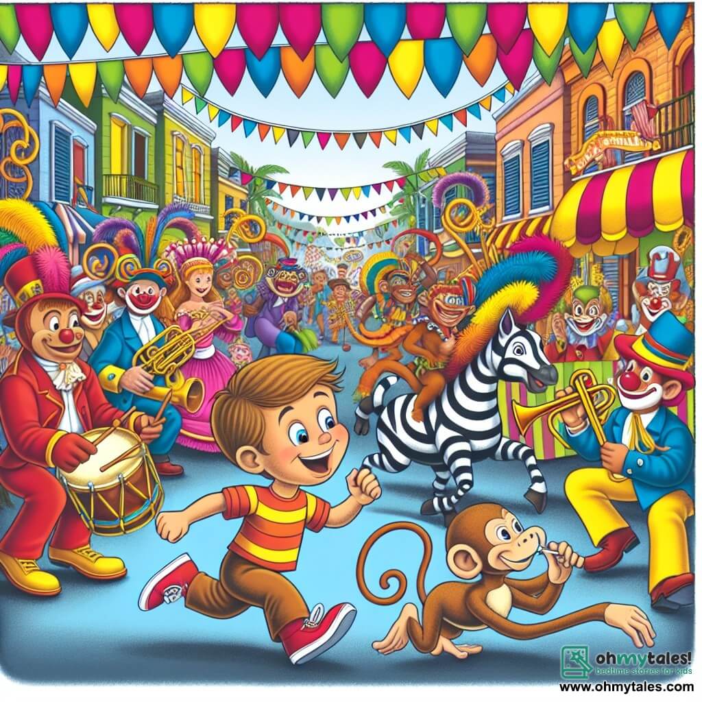 Une illustration destinée aux enfants représentant un jeune garçon émerveillé par le carnaval, poursuivant un singe espiègle à travers une rue animée de Sunnyside, remplie de couleurs vives, de clowns joyeux et de musiciens animant la fête.