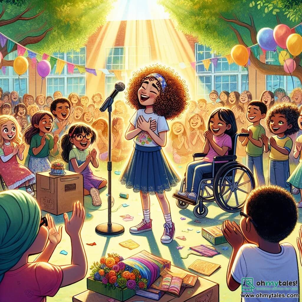 An illustration depicting a vibrant scene in a sunny schoolyard, surrounded by lush trees and colorful flowers. In the center, a makeshift stage made of cardboard boxes and a colorful sheet, where a 10-year-old girl with curly brown hair stands holding a microphone, her face radiating determination and joy. In front of her, two friends cheer her on: a 9-year-old girl with straight blonde hair, clapping with a big smile, and a 10-year-old girl in a wheelchair with curly black hair, enthusiastically clapping her hands. The young girl sings passionately, her eyes shining with confidence, while the audience, made up of other children, is captivated and applauds fervently. Colorful balloons float in the air, and rays of sunlight illuminate the scene, creating a joyful and encouraging atmosphere.
